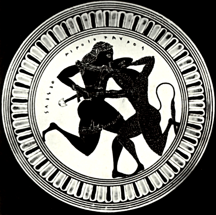 Тесей и Минотавр. Роспись килика. Около 550 года до н.э.