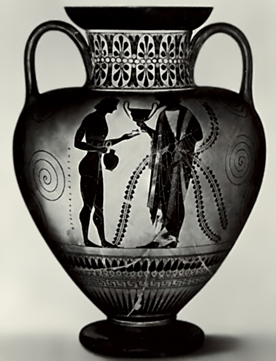 Эксекий.   Амфора с изображением Диониса и его сына Ойнопиона. Около 525 г. до н.э.