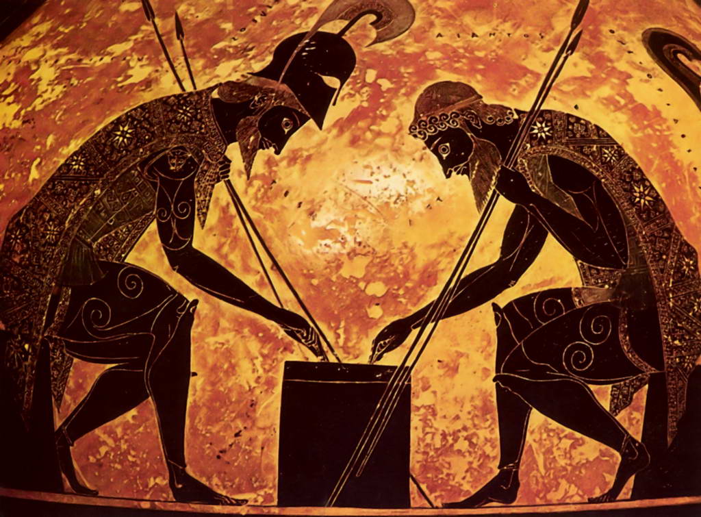 Эксекий.   Ахилл и Аякс за игрой в кости. Роспись амфоры из Вульчи.    540-530 гг. до н.э.