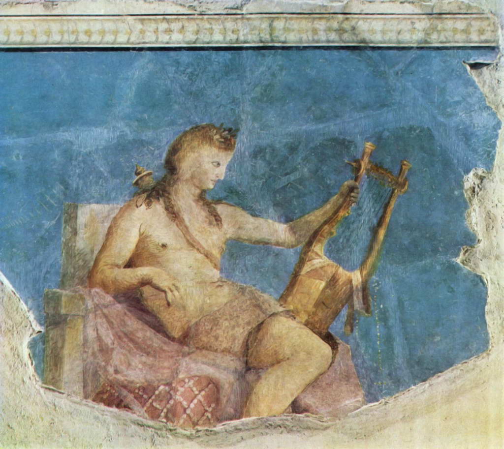 Аполлон с лирой. Фрагмент римской стенной росписи по греческому образцу.   Около 50 г. н.э.