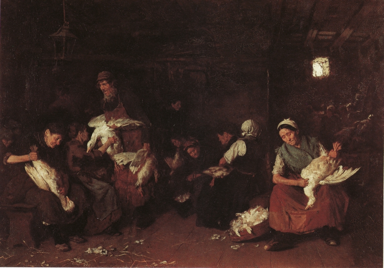 Женщины, ощипывающие гусей. 1872. Первая картина Либермана, выполненная маслом, появилась под влиянием Михая Мункачи и Рембрандта