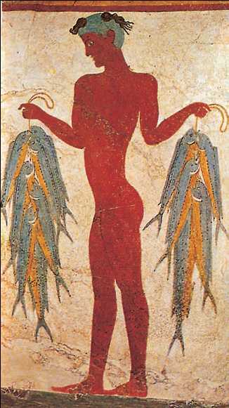 «Мальчик со связками рыбы». Фреска с острова Фера. 16 в. до н. э. Национальный археологический музей. Афины