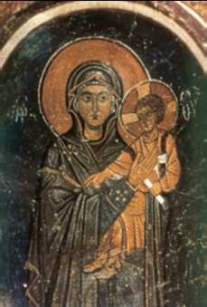 «Богоматерь с Младенцем». Византийская фреска. 6 в. Монастырь Осиос Лукас в Фокиде. Греция