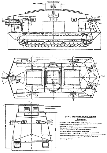 Проект танка A7V с 77-мм и 20- мм пушками и двумя местами механиков-водителей
