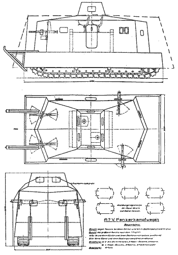 Проект танка A7V с уменьшенным корпусом, восемью амбразурами для установки вооружения, развитым носом. Варианты установки вооружения в амбразурах.
