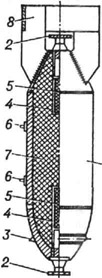Авиационная бомба: 1 - корпус; 2 - взрыватель; 3 - баллистическое кольцо; 4 - запальные стаканы; 5 - дополнительные детонаторы; 6 - подвесная система; 7 - снаряжение; 8 - стабилизатор