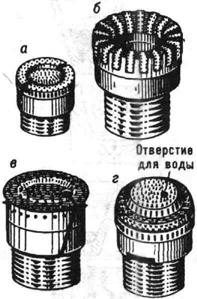 К ст. Алмазное бурение. Алмазные породоразрушающие наконечники: а - керновый со сплошным режущим кольцом; 6 - керновый секторный; в - бес-керновый вогнутый; г - бескерновый выпуклый ступенчатый