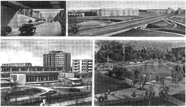 К ст. Благоустройство населённых мест. 1. Транспортный тоннель на Садовом кольце. Москва. 2. Транспортная развязка на площади Гагарина. Москва. 3. Детские учреждения в жилом районе Жирмунай. Вильнюс. 4. Озеленение и благоустройство жилого района. Ереван.