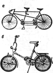 Велосипеды: а - спортивный двухместный (тандем); б - складной