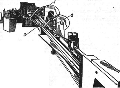 Линейный волочильный стан для обработки труб, профилей н прутков: 1 - волока; 2 - труба с оправкой на линии волочения; 3 - труба, надетая на стержень с оправкой