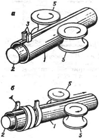 Схемы высокочастотной сварки труб при подводе тока контактным способом (а) и индукционным способом (б): 1 - труба; 2 - сердечник; 3 - скользящие контакты; 4 - индуктор; 5 - обжимные ролики