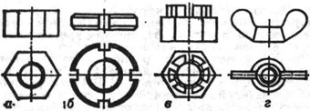 Крепёжные гайки: а - шестигранная; б - круглая с пазами под ключ; в - корончатая; г - барашковая