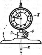 Индикаторный глубиномера 1 - основание; 2 - державка; 3 - индикатор; 4 - винт для крепления индикатора; 5 - сменный измерительный стержень
