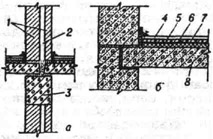 Звукоизоляция ограждающих конструкций зданий: а - раздельная конструкция стены; б - пол по сплошному упругому основанию; 1 - стенка; 2 - воздушная прослойка; 3 - ригель; 4 - чистый пол; 5 - бетонный или шлакобетонный слой; 6 - пергамин; 7 - сплошная упругая прокладка; 8 - несущая часть перекрытия