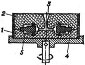 Получение сложной отливки способом литья центробежного на машине с вертикальной осью: 1 и 2 - нижняя и верхняя полуформы; 3 - стояк литниковой системы; 4 - стеркень; h - рабочая полость
