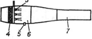 Схема пульсирующего воздушно-реактивного двигателя (ПуВРД): 1 - воздух; 2 - горючее; 3 - форсунки; 4 - клапанная решётка; 5 - свеча зажигания; 6 - камера сгорания; 7 - реактивное сопло