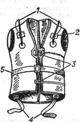 Спасательный жилет: 1 - трубки с пробками; 2 - петля; 3 - застёжки; 4 - ножные ремни; 5 - поясной ремень