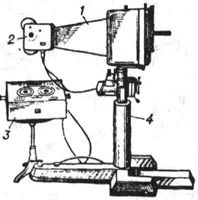 Малокадровый флюорограф Ф-55: 1 - тубус; 2 - фотокамера; 3 - пульт управления; 4 - штатив