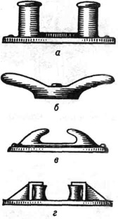 Элементы швартовного устройства: а - кнехт; б - утка; в - киповая планка; г - киповая планка с двумя роульсами
