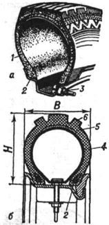 Пневматические шины: а - бескамерная; 6 - камерная; 1 - боковина покрышки; 2 - борт покрышки; 3 - вентиль; 4 - камера; 5 - подушечный слой; 6 - протектор