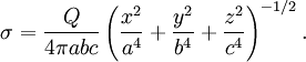 \sigma = \frac{Q}{4\pi abc} \left(\frac{x^2}{a^4} + \frac{y^2}{b^4} + \frac{z^2}{c^4}\right)^{-1/2}.