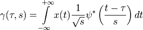 \gamma(\tau, s) =
\int\limits_{-\infty}^{+\infty} x(t) \frac{1}{\sqrt{s}} \psi^{*} \left( \frac{t - \tau}{s} \right) dt
