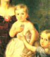 A painting of a blond toddler in a white dress being supported by another child wearing a blue dress.