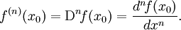 f^{(n)}(x_0) = \mathrm{D}^n\!f(x_0) = \frac{d^n\!f(x_0)}{dx^n}.