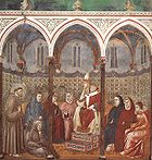 Giotto - Legend of St Francis - -17- - St Francis Preaching before Honorius III.jpg