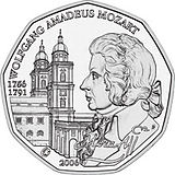 2007 Austria 5 Euro 250th Birthday Wolfgang Amadeus Mozart back.jpg