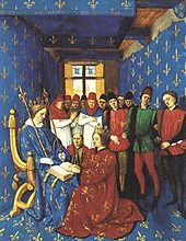 A room is covered entirely in blue wallpaper scattered with fleur-de-lis, except for a window in the far end. In the front sits a man in the same garb, holding a sceptre in each hand, with a book resting on his lap. In front of him kneels a man in a red robe covered with golden lions, holding his hands on the book. Both men wears coronets. A group of men are watching in the background.