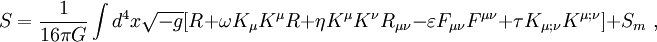 S={1\over 16\pi G}\int d^4 x\sqrt{-g}[R+\omega K_\mu K^\mu
R+\eta K^\mu K^\nu R_{\mu\nu}-\varepsilon F_{\mu\nu}F^{\mu\nu}+\tau
K_{\mu;\nu}K^{\mu;\nu}]+S_m\; ,