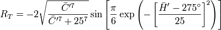R_T=-2 \sqrt{\frac{\bar{C}'^7}{\bar{C}'^7+25^7}} \sin \left[ \frac{\pi}{6} \exp \left( -\left[ \frac{\bar{H}'-275^\circ}{25} \right]^2 \right) \right]