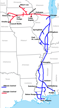 Комбинированная схема маршрутов железных дорог Illinois Central и Chicago Central (1996)