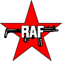 Символ RAF: пистолет-пулемёт HK MP5 на фоне красной звезды.
