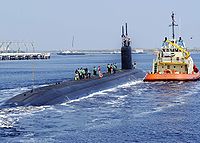 USS Jimmy Carter (SSN-23), departs Naval Submarine Base Kings Bay for a one-night underway that included an embark by former President Jimmy Carter and his wife Rosalynn. 11 Aug. 2005.