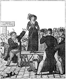 A woman stands on a raised platform, her eyes closed. A man stands below her, holding a halter which is connected to her waist. A group of men stand to the right, studying the woman. Livestock stand freely amongst the men, and one stands in a position behind the 'seller' which makes it appear as though he has horns growing from his head.