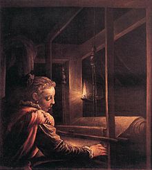16th-century Рисунок Пенелопы, ткущая при свете свечи.