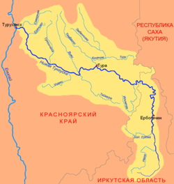 Бассейн Нижней Тунгуски, указано впадение Тембенчи в Кочечум.