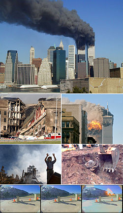 Сверху вниз: пожар во Всемирном торговом центре; разрушенная часть Пентагона; столкновение рейса 175 с Южной башней; пожарный просит помощь на Граунд-Зиро; фрагмент двигателя самолёта рейса 93; столкновение рейса 77 с Пентагоном