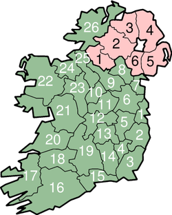 Карта Ирландии с пронумарованными графствами.
