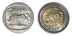 Старая и новая монеты номиналом 5 рандов