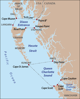 Проливы у берегов Британской Колумбии. Пролив Королевы Шарлотты в нижнем правом углу карты.