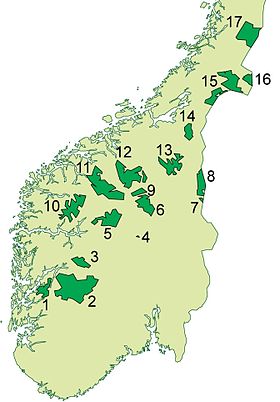 Карта национальных парков на юге Норвегии. Довре под № 9