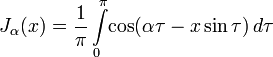 J_\alpha (x) = \frac<1></noscript> <\pi>\int\limits_<0>^<\pi>\!\cos (\alpha \tau — x \sin \tau)\,d\tau» width=»» height=»»/></p> <p>Этот подход использовал Бессель, изучив с его помощью некоторые свойства функций. Возможно и другое интегральное представление:</p> <p><img src=