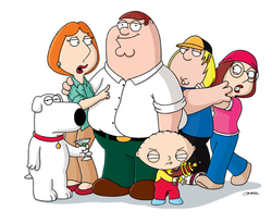 Слева-направо: Брайан (пёс), Лоис, Питер, Стьюи, Крис, и Мэг
