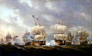 Soleil-Royal (в центре справа) против Royal George в бухте Киберон