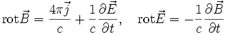 
{\rm rot}\vec{B}=\frac{4\pi\vec{j}}{c}+\frac{1}{c}\frac{\partial\vec{E}}{\partial t},\quad {\rm rot}\vec{E}=-\frac{1}{c}\frac{\partial\vec{B}}{\partial t}
