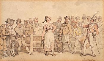 A colour illustration of a market scene. A woman is attached to one of 13 men, who stand on either side of a wooden fence, looking at her with various expressions of glee on their faces. A drummer boy, in military costume, beats a large drum. Two dogs stand in the dirt. One of the men holds what appears to be a mug of ale. The woman stands proudly, one arm bent toward her waist, and has a smirk on her face. To the extreme right, in the back of the scene, another woman appears shocked by the drama before her.