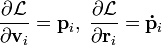 \frac{\partial \mathcal L}{\partial \mathbf v_i} = \mathbf p_i,\; \frac{\partial \mathcal L}{\partial \mathbf r_i} = \mathbf \dot p_i